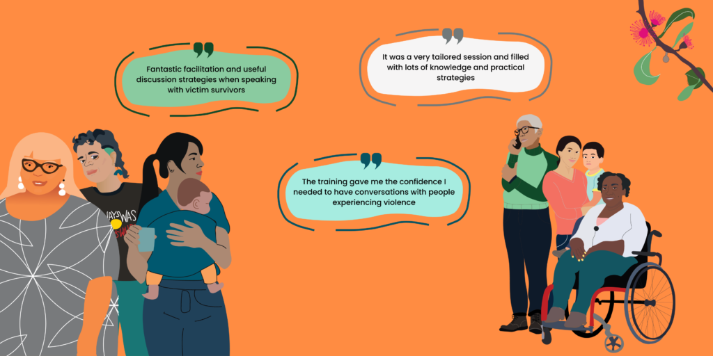 Illustration with orange background and two groups of people and three feedback quotes: -It was a very tailored session and filled with lots of knowledge and practical strategies - The training gave me the confidence I needed to have conversations with people experiencing violence -Fantastic facilitation and useful discussion strategies when speaking with victim survivors